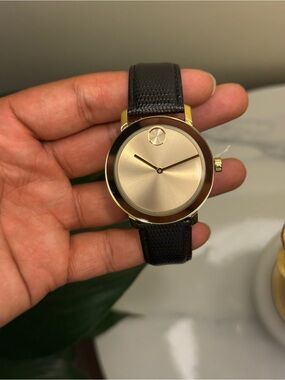 Movado bold Elegant Gold Dial Men's Watch with Black Leather Strap